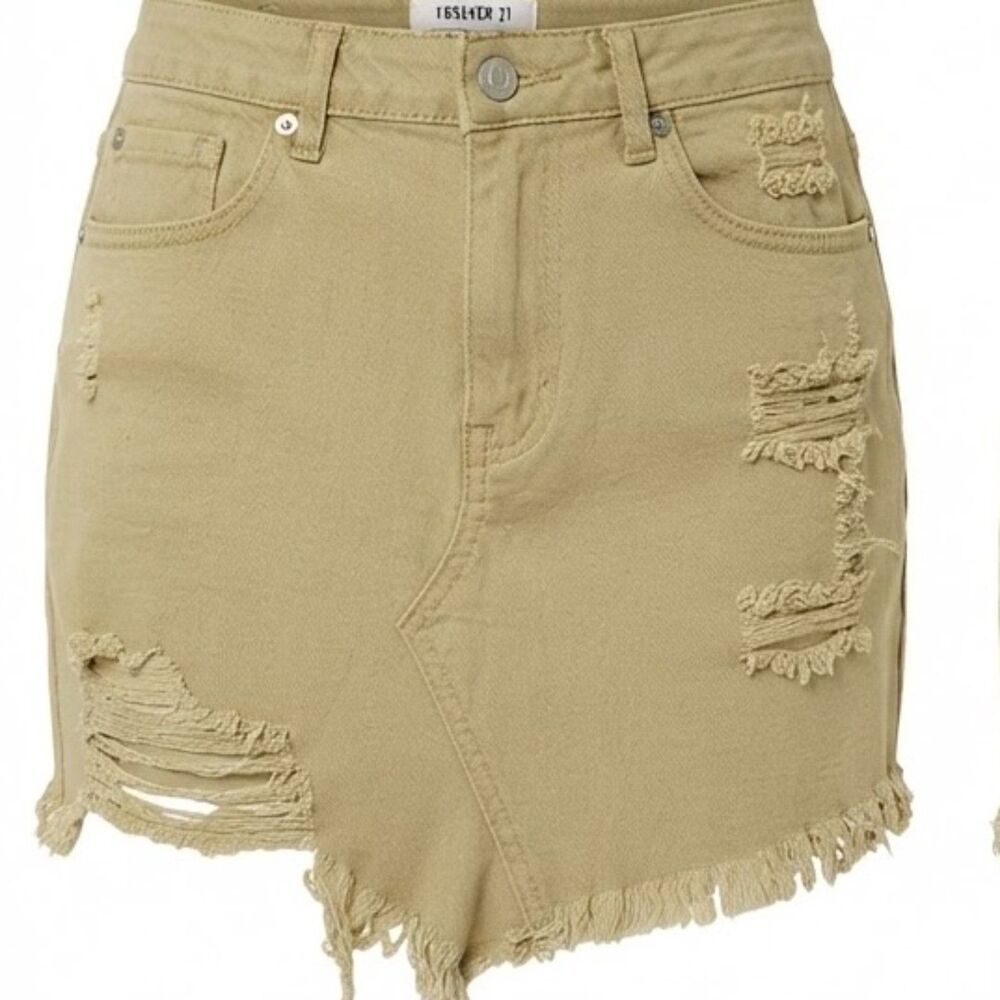 NWT Y2K Vintage Forever 21 Distressed Tan Denim Mini Skirt Raw Hem Grunge L